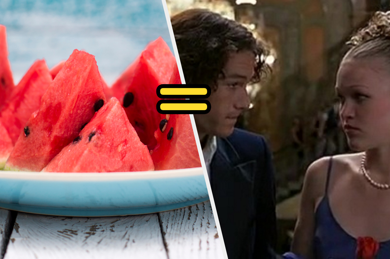 Sliced watermelon on a plate equals Heath Ledger and Julia Stiles from a scene in the movie "10 Things I Hate About You."