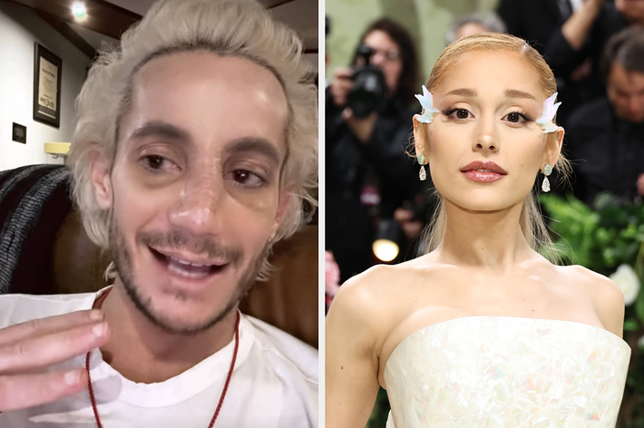 Frankie Grande and Ariana Grande; Frankie appears in casual attire during a video call, while Ariana wears an elegant strapless gown with floral hair accessories on the red carpet