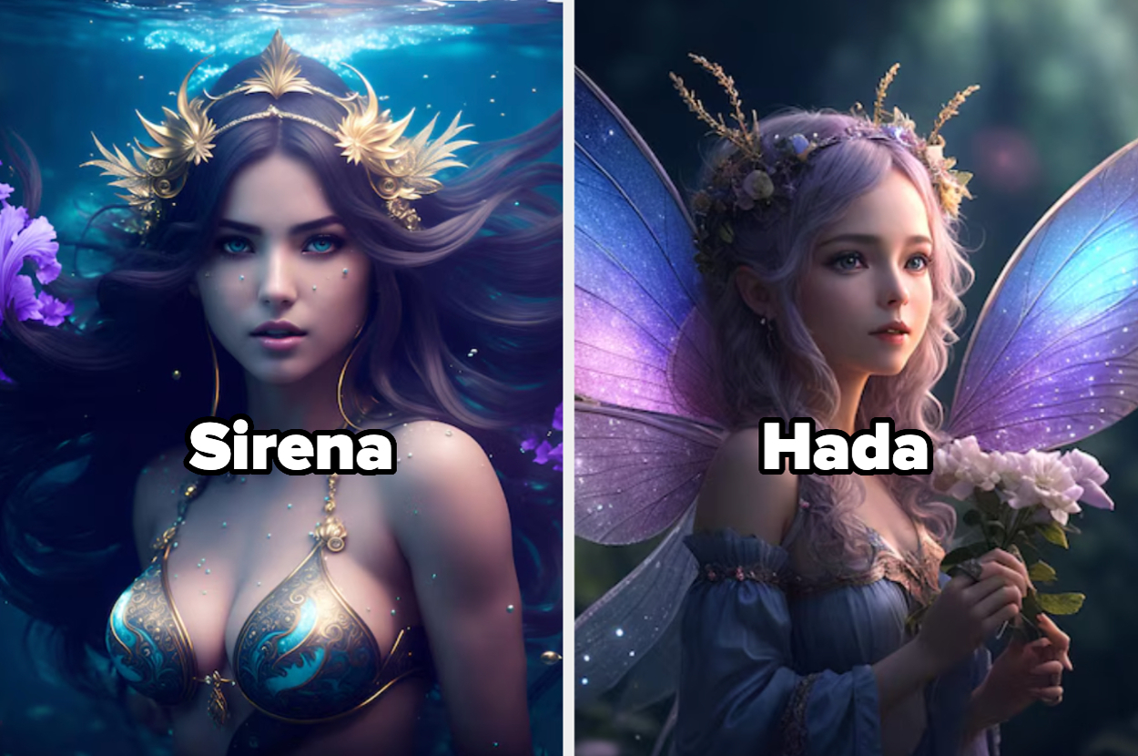 Sirena con corona dorada y top decorado en el agua junto a una hada con alas y vestido detallado, sujetando flores