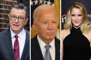 Stephen Colbert in a suit with a red tie speaks in front of a brick wall, while President Joe Biden in a suit with a blue tie stands in front of a flag-emblazoned background