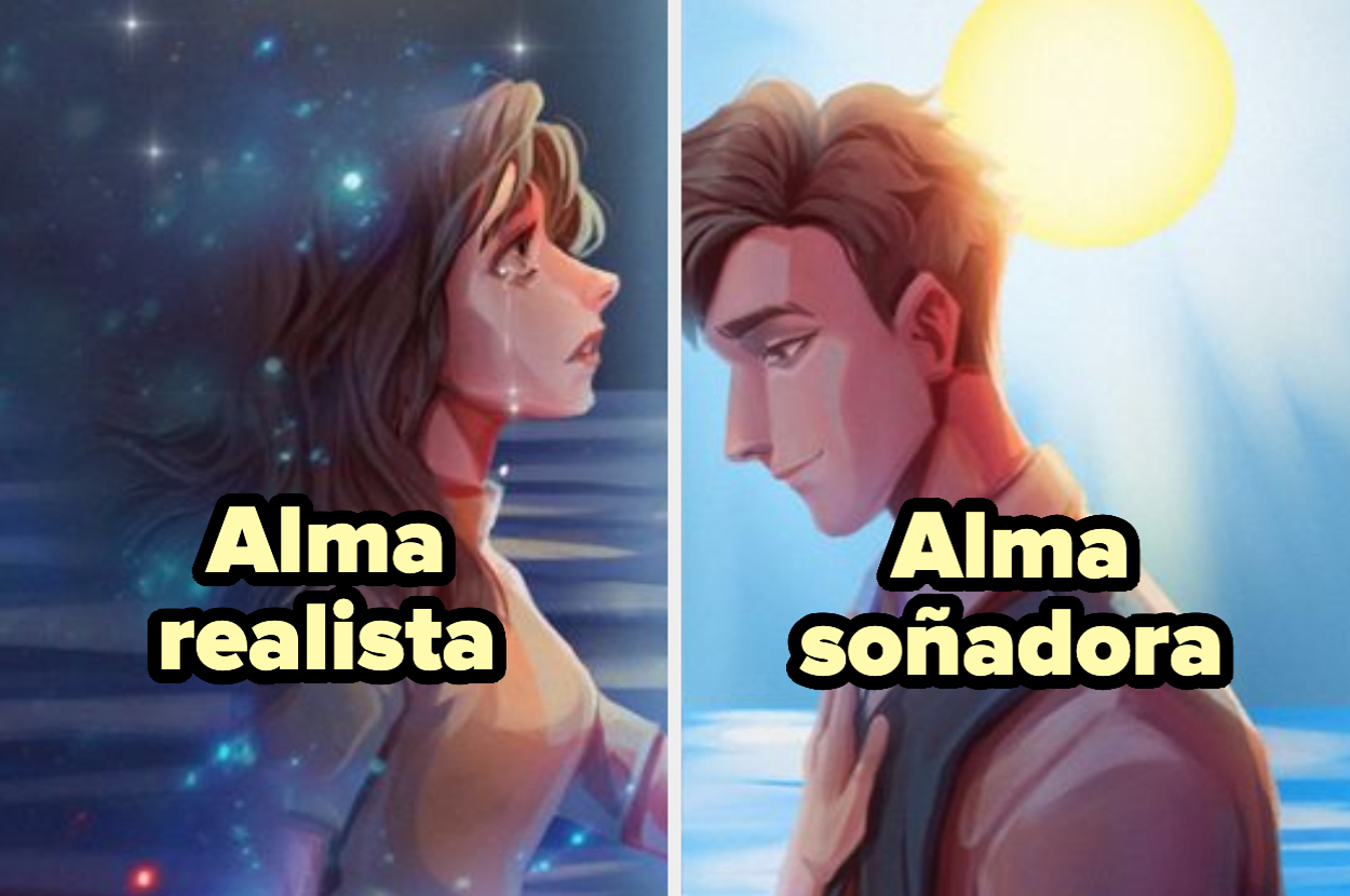 Ilustración dividida de una pareja con textos "Alma realista" y "Alma soñadora". La mujer parece mirar hacia arriba, el hombre hacia abajo, ambos en escenarios imaginativos
