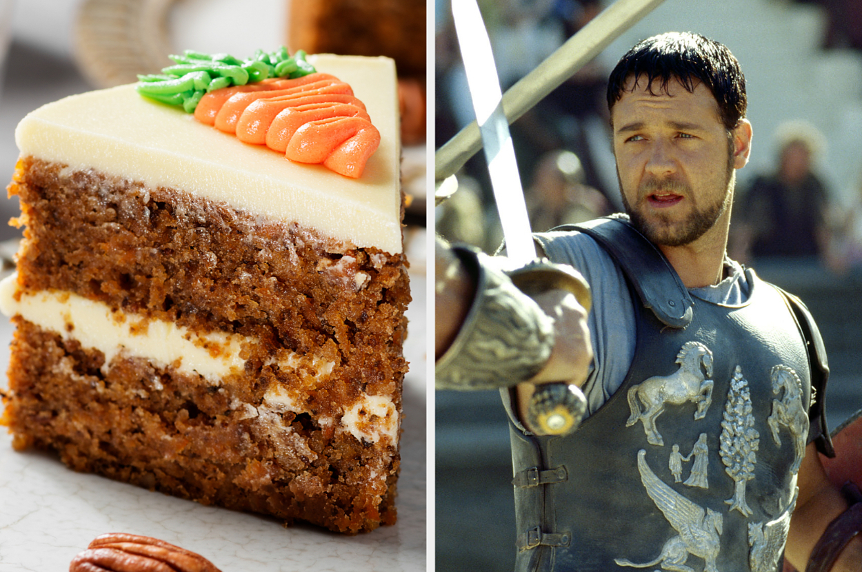 On the left, a slice of carrot cake with a decorative carrot on icing, and on the right, Russell Crowe in Gladiator