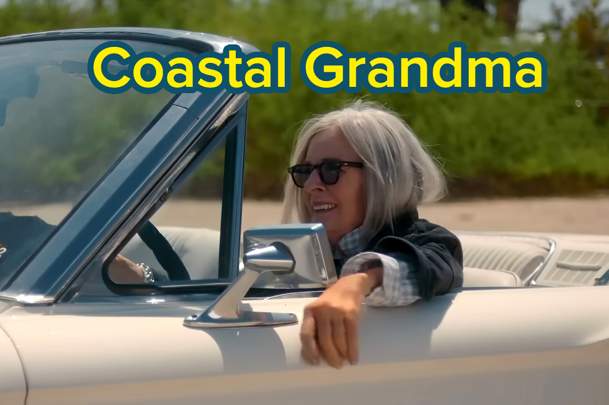 Diane Keaton, wearing sunglasses, smiling while driving a convertible with "Coastal Grandma" text above her