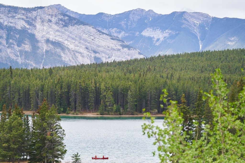 A serene lake with a distant red kayak, set against a backdrop of dense pine forest and towering mountains