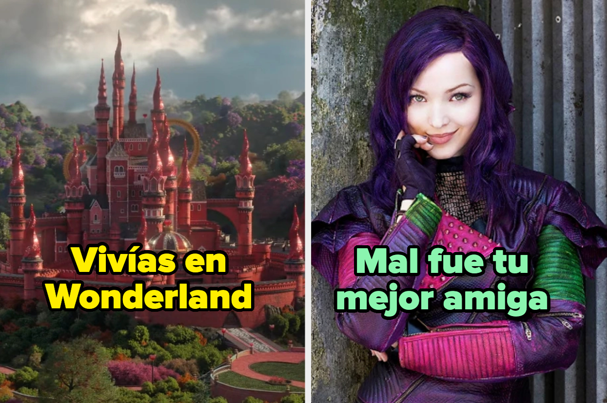 Castillo fantástico de Wonderland a la izquierda, y personaje de Descendants, Mal, posando a la derecha con el texto "Vivías en Wonderland" y "Mal fue tu mejor amiga"