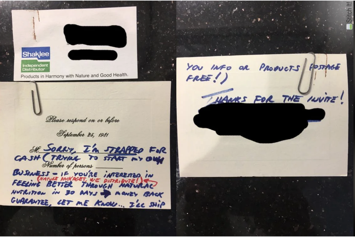 A note dated September 26, 1981, apologizes for lack of cash and promoting products. Address and personal info are blacked out. Shaklee business card included