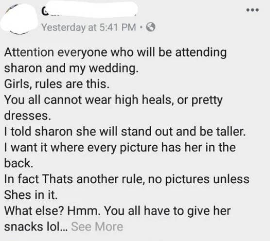 A Facebook post author outlines wedding rules, prohibiting high heels and pretty dresses for female guests and forbidding photos without their presence