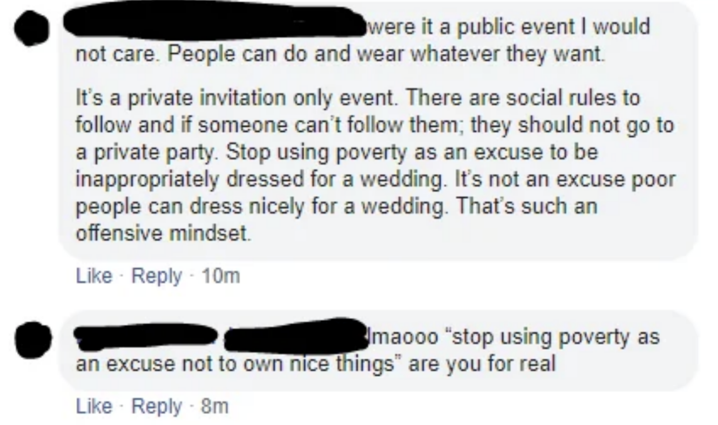 The image shows a Facebook comment thread. The first comment criticizes people for using poverty as an excuse to dress inappropriately at events. The second comment sarcastically questions the first comment