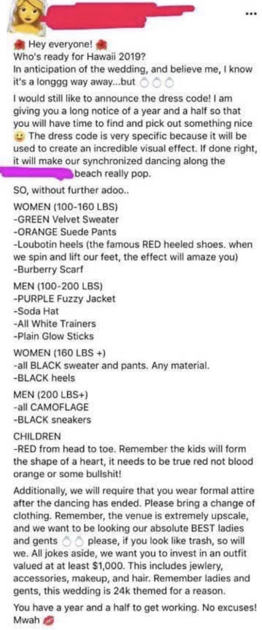 A social media post invites people to a Hawaii event in 2019 with a dress code, listing specific styles and colors for men and women based on weight categories