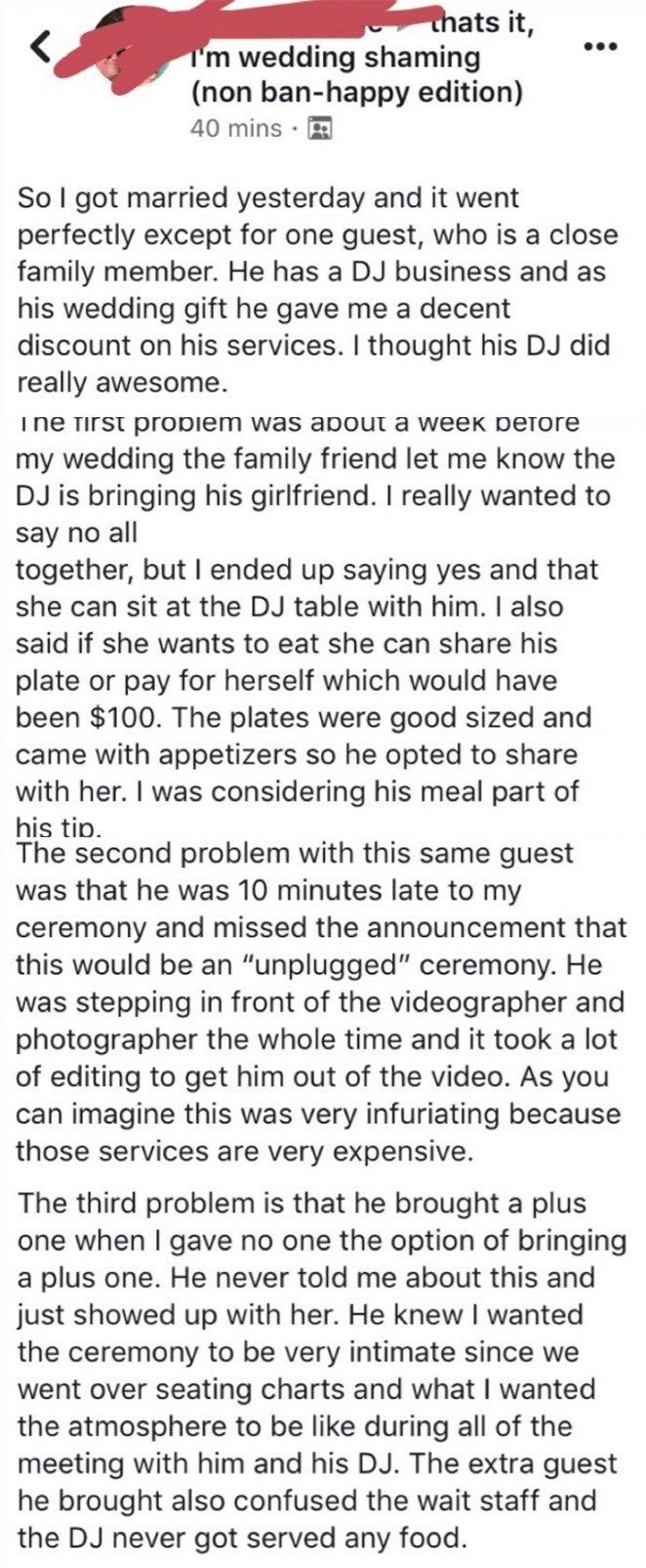 A Reddit post from the "weddingshaming" subreddit describes a user’s experience with wedding drama involving a DJ and a wedding gift issue