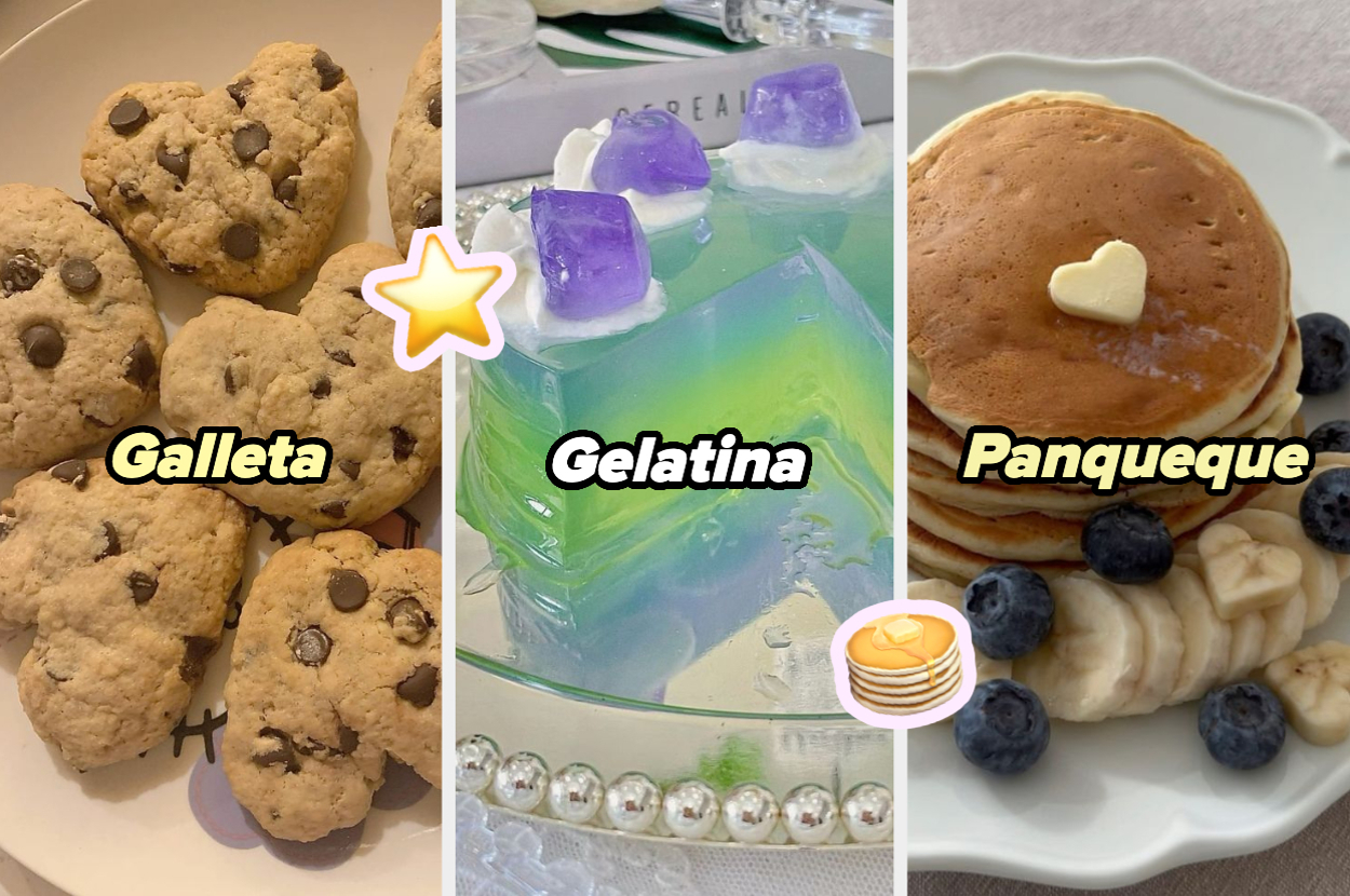 Tres opciones de desayuno: galletas con chispas, gelatina con gelatina púrpura encima, y panqueques con plátano, arándanos y mantequilla