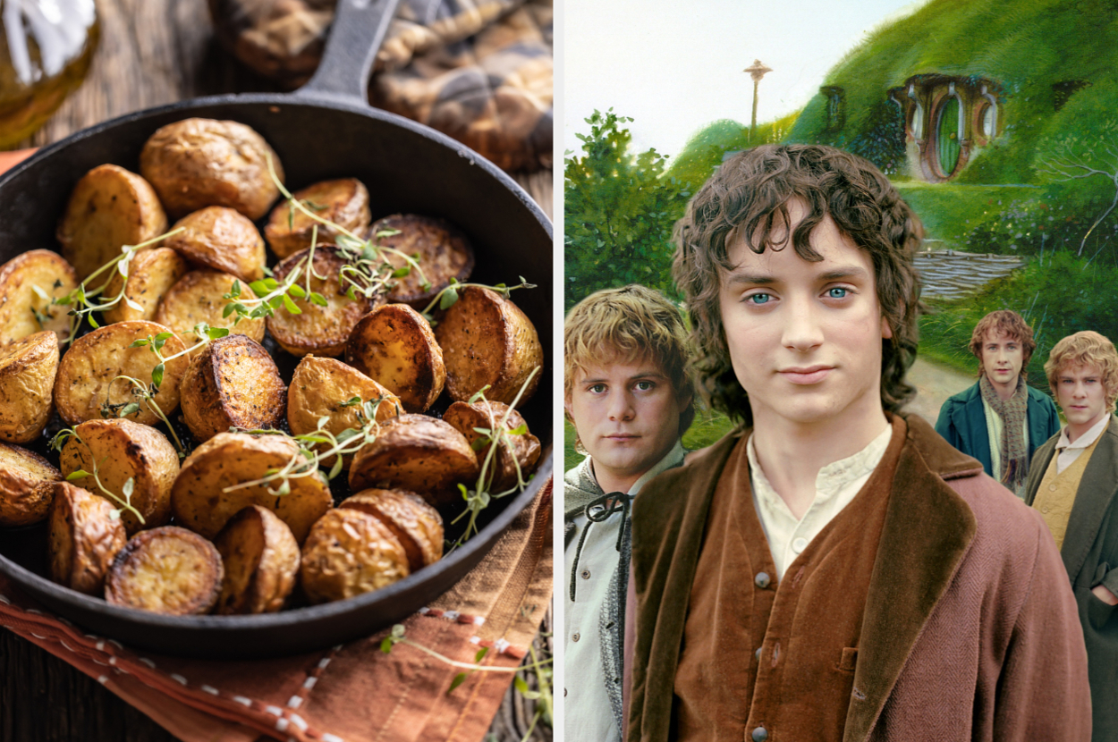 Left: Skillet with roasted potatoes and herbs. Right: Samwise Gamgee, Frodo Baggins, Merry Brandybuck, and Pippin Took stand in front of a hobbit house