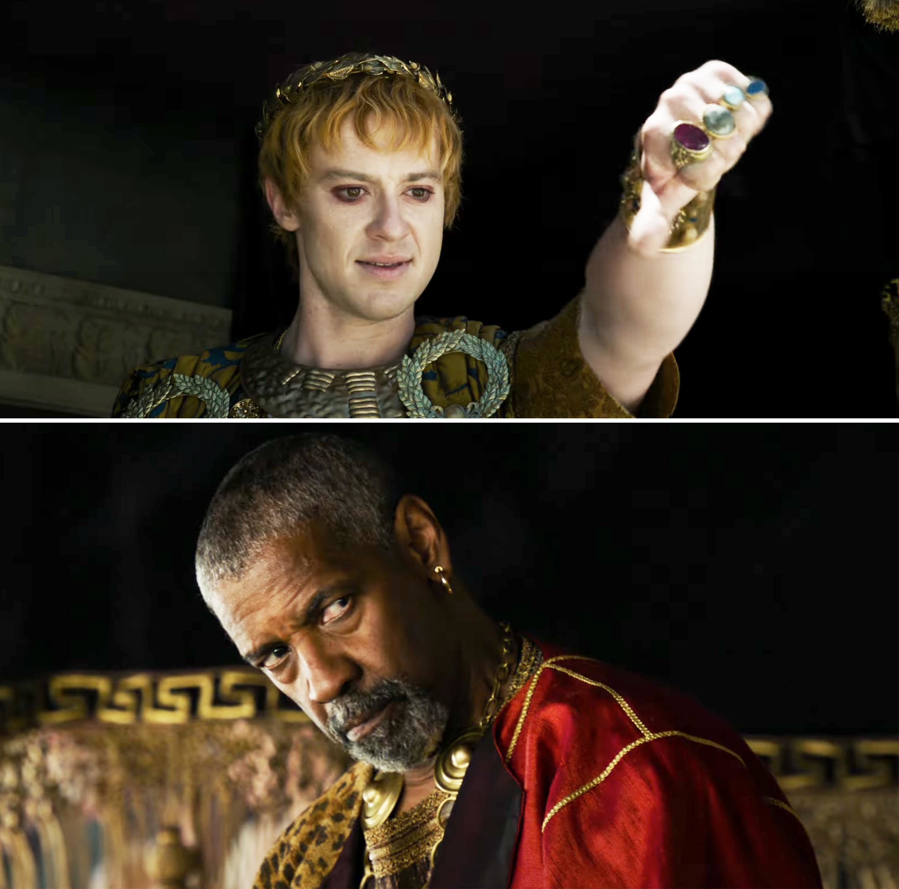 Joseph Quinn and Denzel Washington dressed in ancient Roman attire, acting in scenes from a historical film. Peters raises his arm, while Washington looks solemnly forward