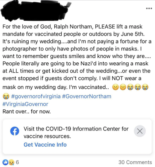 A Facebook post addressing Ralph Northam, asking to lift mask mandates for vaccinated people by June 5 due to wedding concerns, mentioning Nazi-like enforcement
