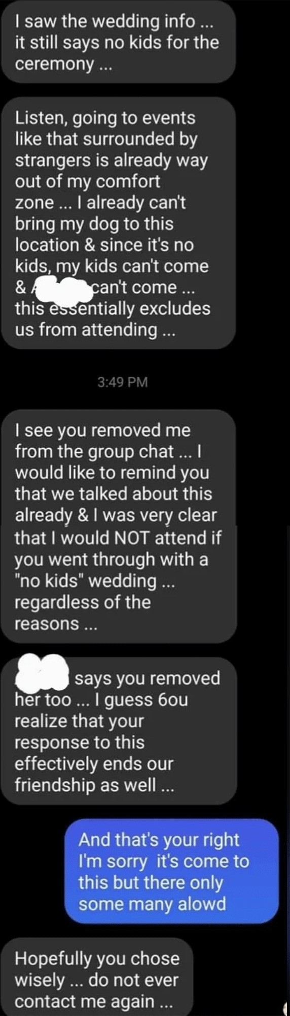 Text exchange discussing a "no kids" policy at a wedding. One person expresses discontent about such policies and mentions ending the friendship over it