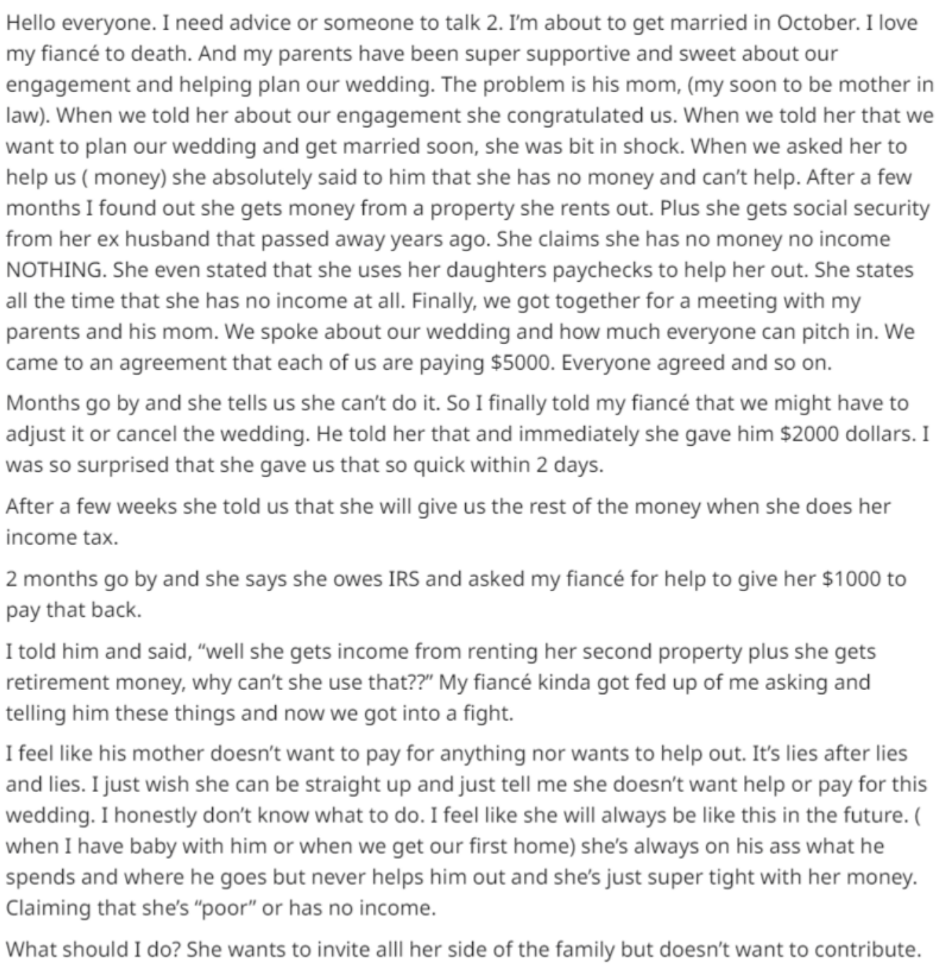 A woman explains how her mom is refusing to help pay for her wedding after learning that her step-father has no money, causing family tension and dispute