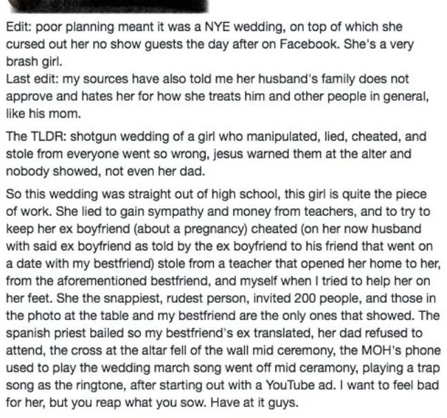An online post discussing a tumultuous wedding where the bride manipulated and cheated, resulting in drama and scandal