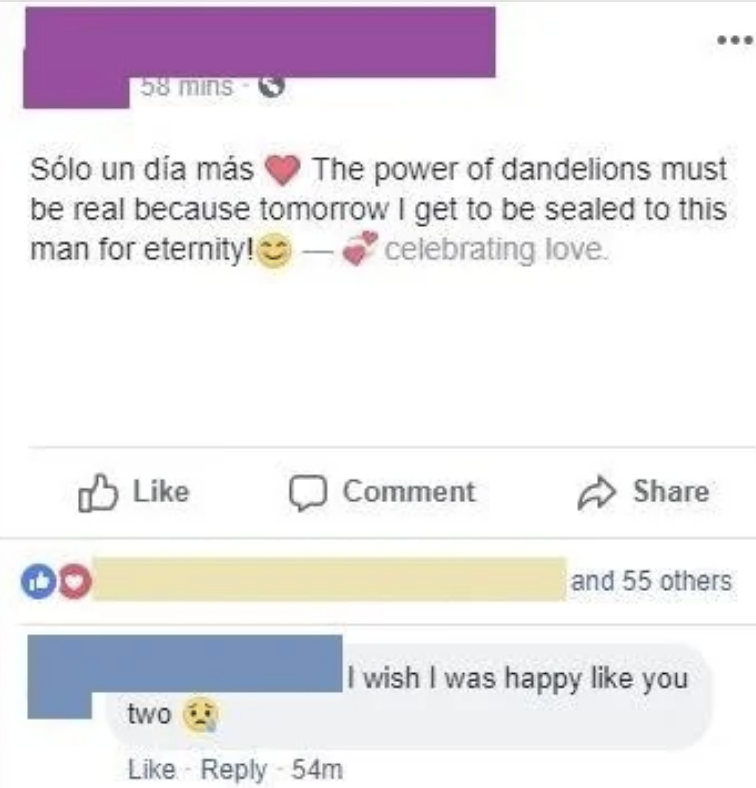 Facebook post in Spanish and English sharing excitement about getting married tomorrow, followed by a comment expressing envy about their happiness