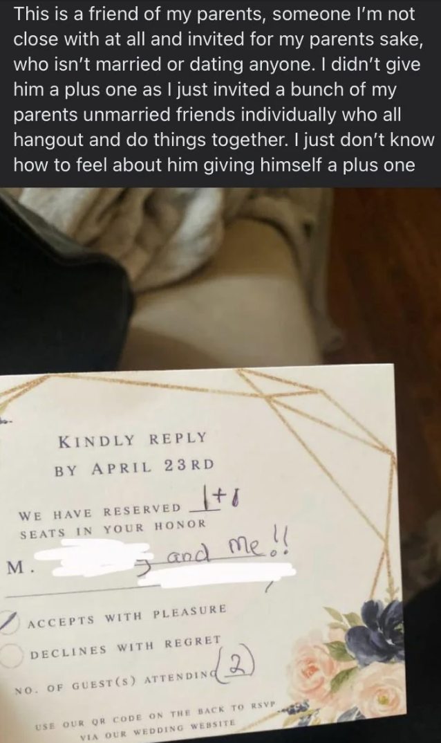 A handwriting on a wedding RSVP card has added "and me!!" to the invitation for one person while the RSVP explains the confusion and concern about this addition