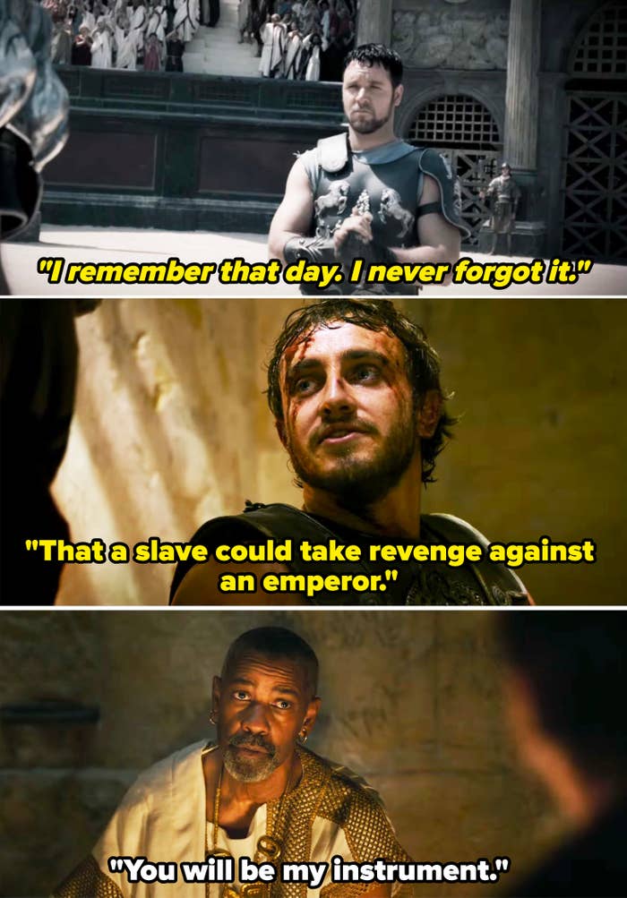 Russell Crowe, Paul Mescal, and Denzel Washington in scenes from the movie "Gladiator 2," dressed in ancient Roman attire