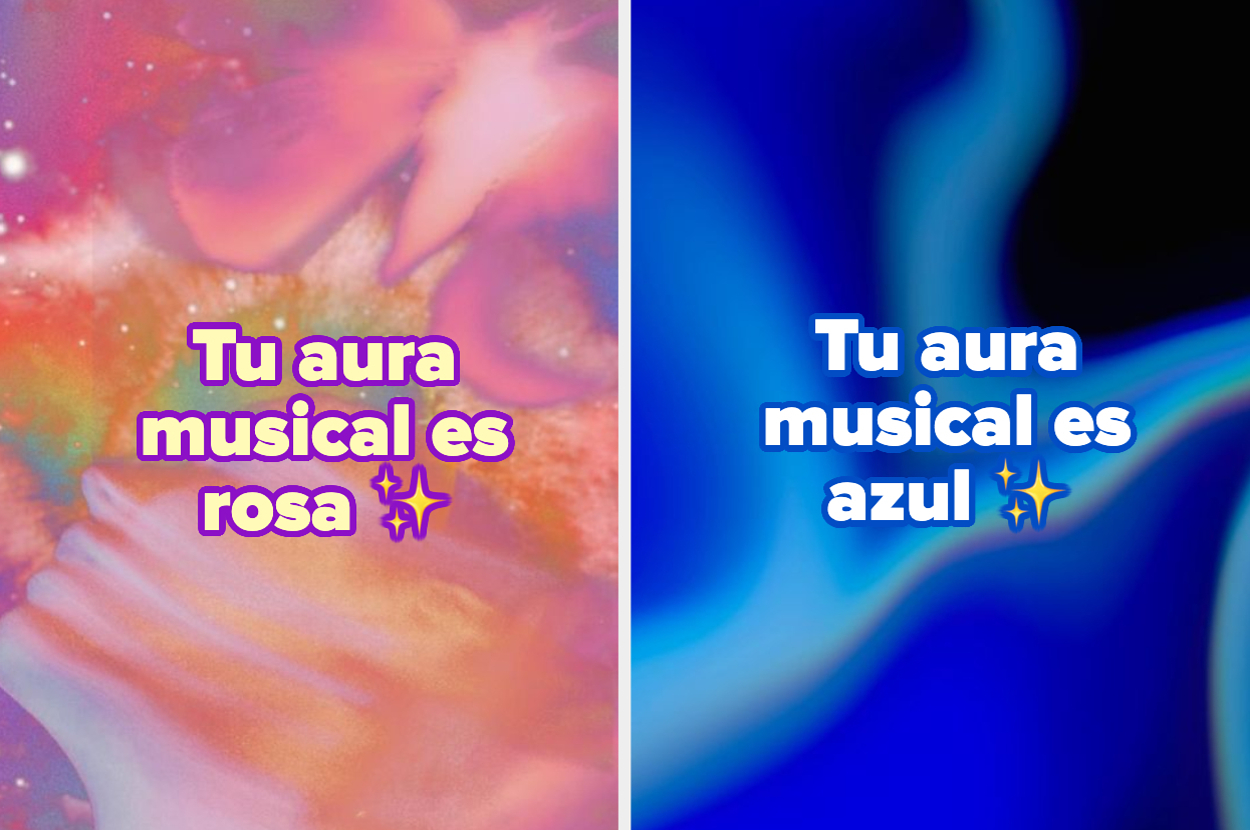 Imagen dividida en dos partes con los textos: "Tu aura musical es rosa ✨" y "Tu aura musical es azul ✨"