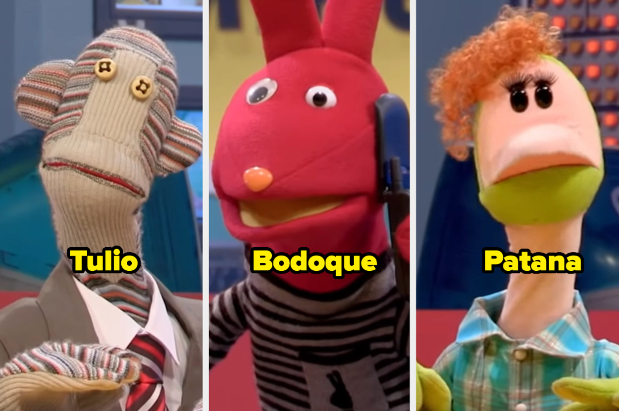 Tulio, Bodoque y Patana, personajes de "31 Minutos", con ropas de estilo profesional y casual en un set de televisión