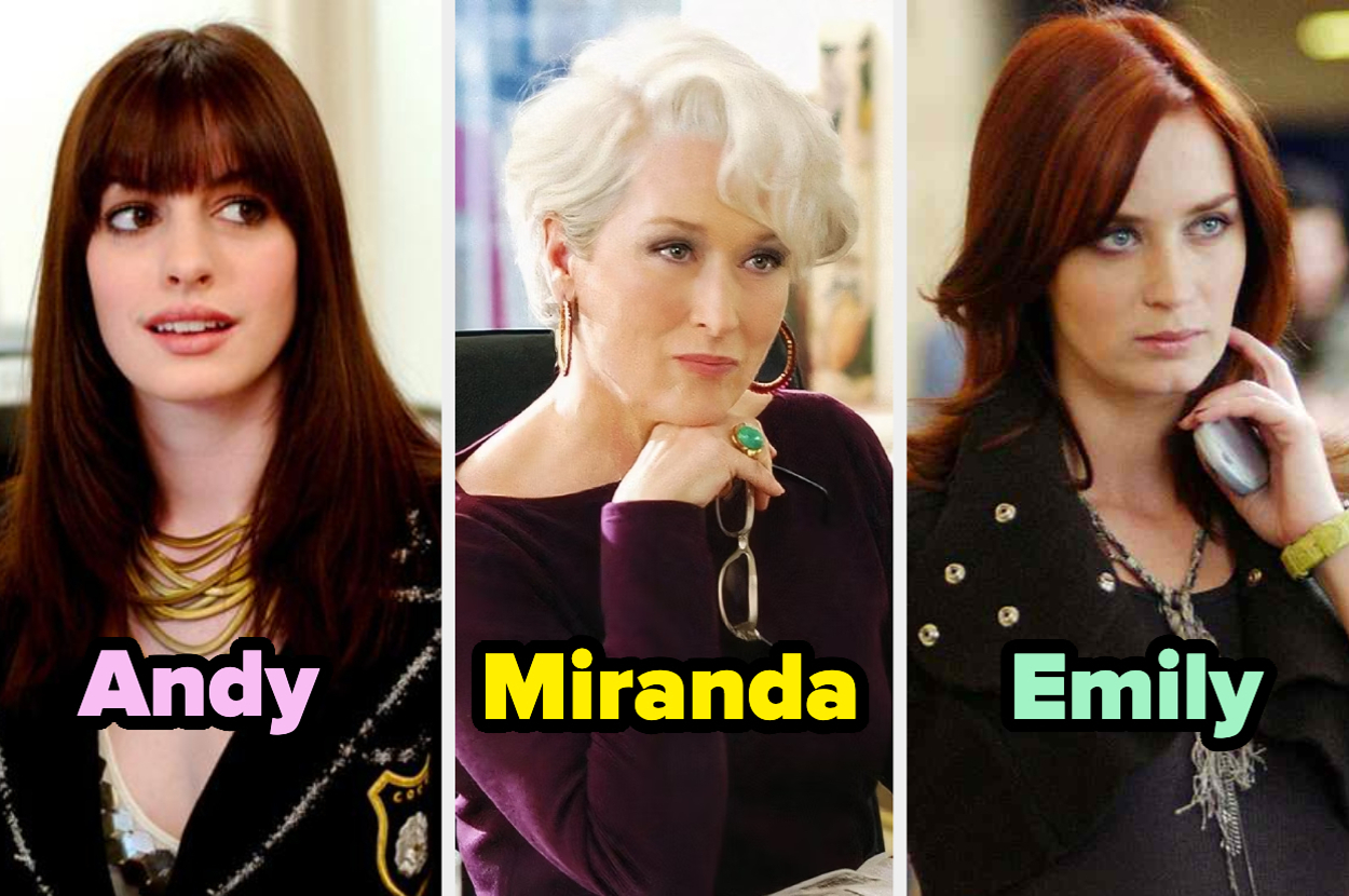 Andy, Miranda y Emily en una escena de la película "El Diablo Viste a la Moda". Andy y Emily están con teléfonos mientras Miranda, en el centro, parece pensativa