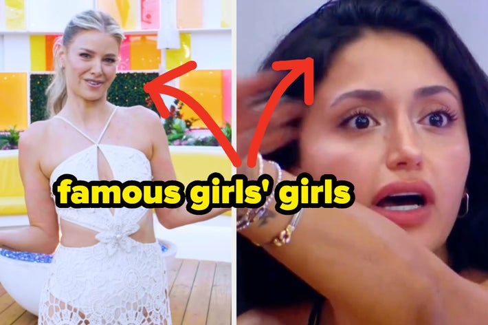 Split image featuring Madelyn Notch in a lace outfit on the left and a surprised Felicia Alvarez on the right, text reads "famous girls' girls."