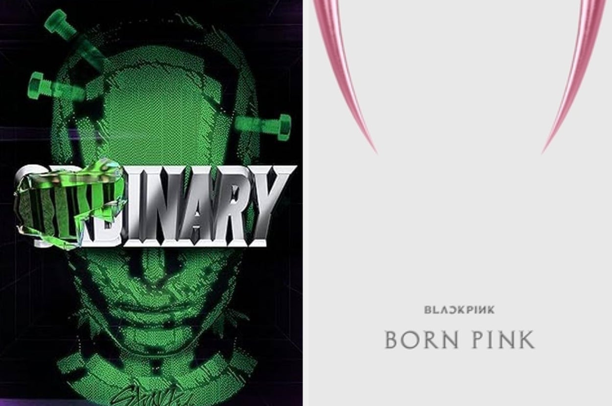 Split image featuring two album covers: The left side shows Stray Kids' album "ORDINARY" with a 3D text over a head made of green wireframes. The right side displays BLACKPINK's album "Born Pink"