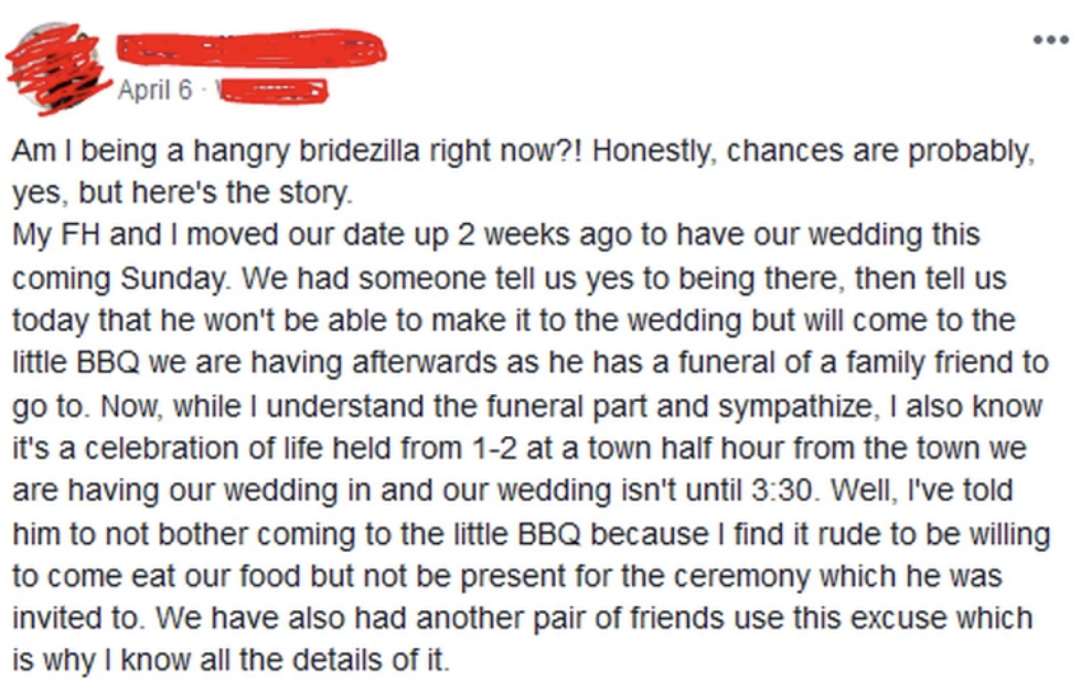 Facebook post by a bride expressing frustration about a wedding guest who gave late notice that they would miss the wedding for a family friend's funeral