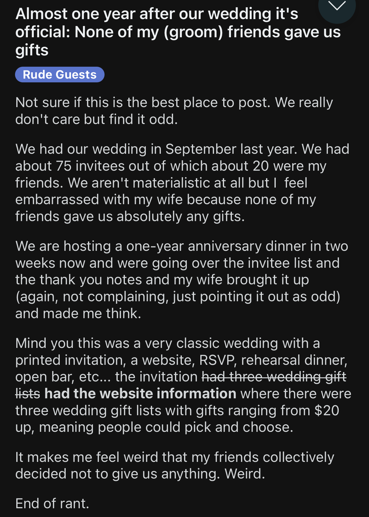 A Reddit post titled "Almost one year after our wedding it's official: None of my (grown) friends gave us gifts." The user describes their wedding and lack of gifts received