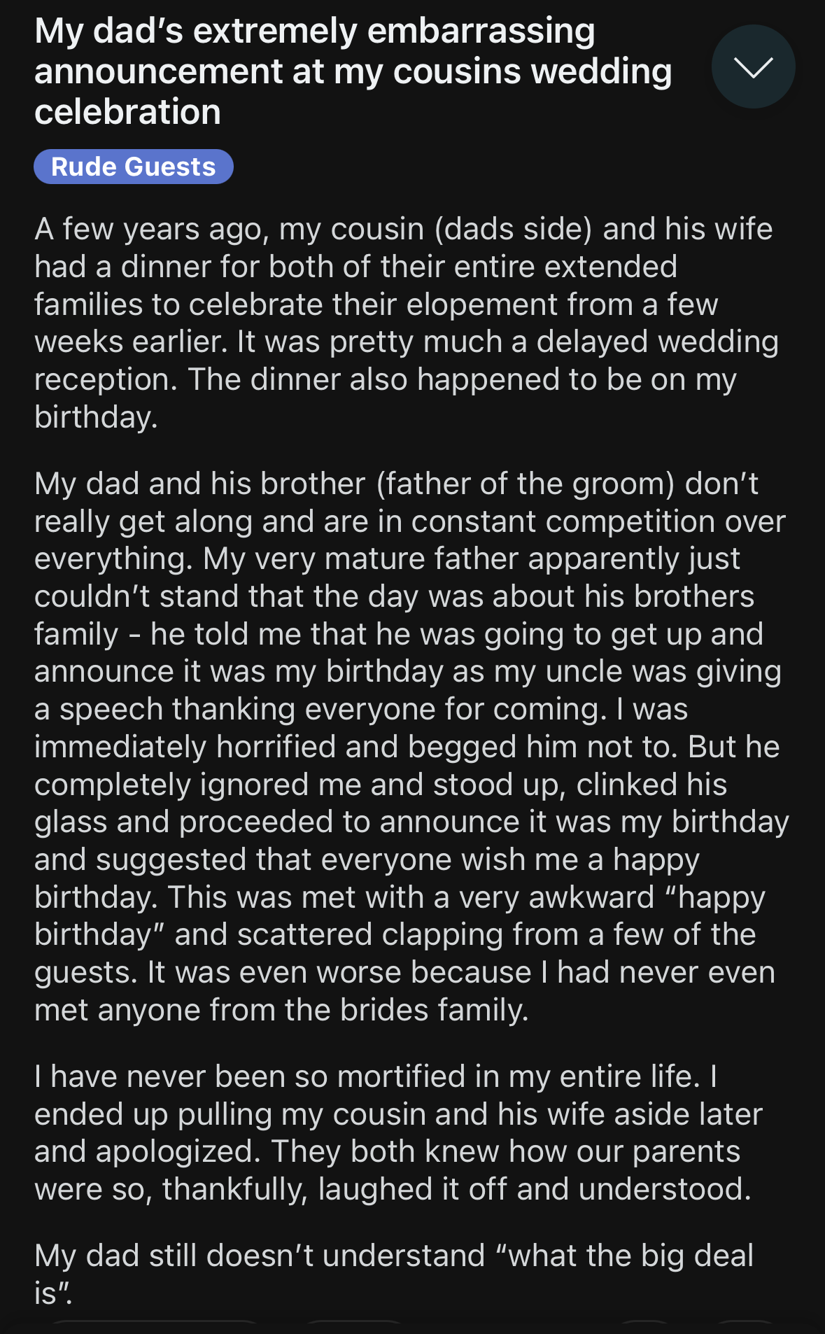 A Reddit post from u/cmarie22345 details an embarrassing speech by their father during a cousin's wedding celebration, overshadowing the event with his own birthday announcement