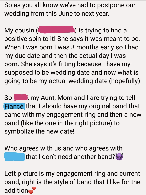 Post about postponing a wedding from June to next year. The author suggests using an original band with the engagement ring and adding a new band to symbolize the new date