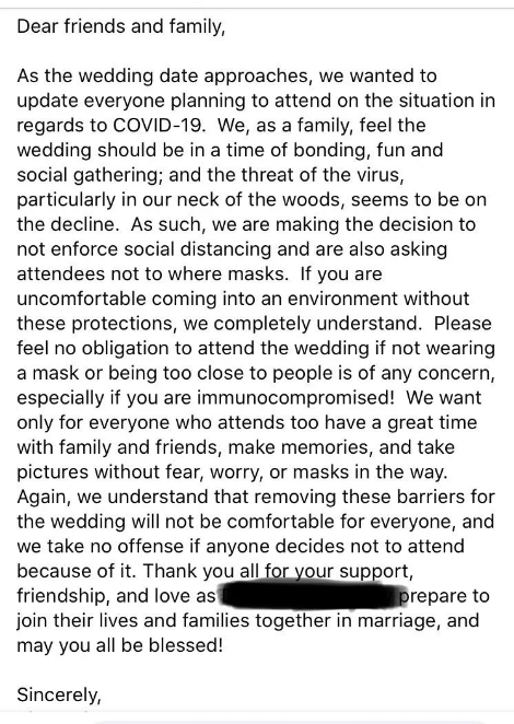 Letter addressing COVID-19 precautions for an upcoming wedding. Social distancing and masks are not mandatory; attendees uncomfortable without these can avoid coming