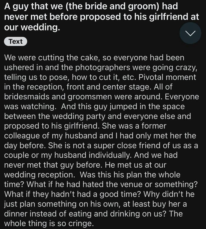 Text message conversation about a man proposing to his girlfriend during another couple's wedding. Conversation reflects on the awkwardness and opinions about the situation