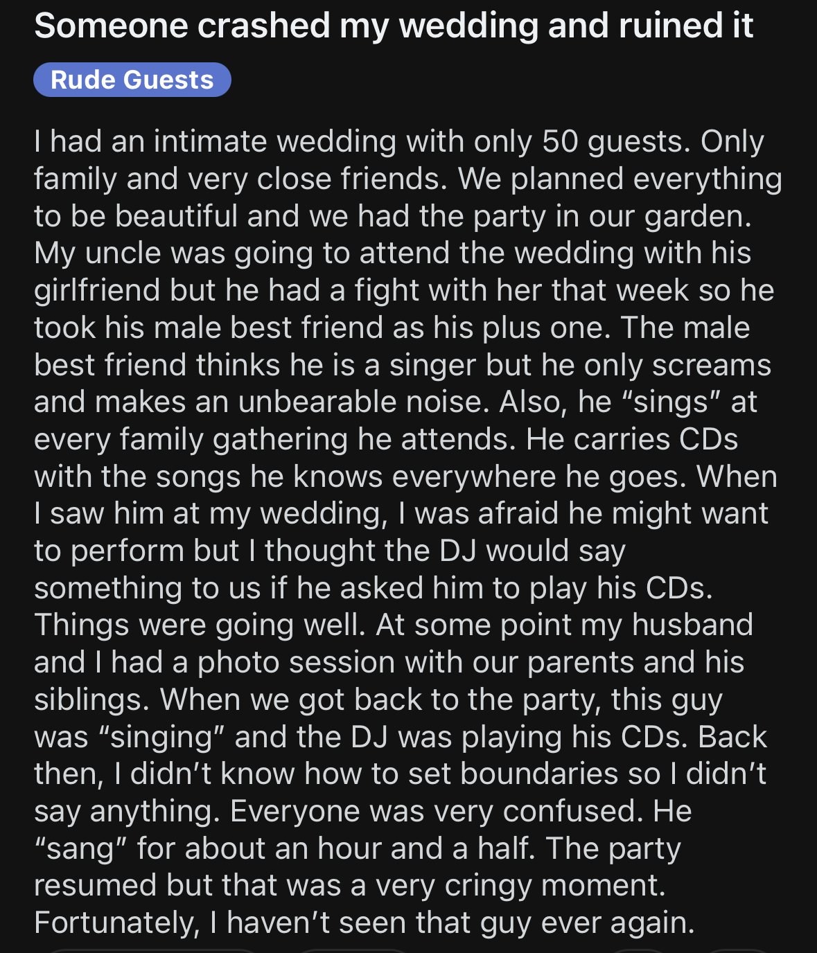 Reddit post showing two users discussing someone's wedding being crashed and ruined by guests. The original post by u/Queenrocks1983 has 1.7k upvotes and multiple comments