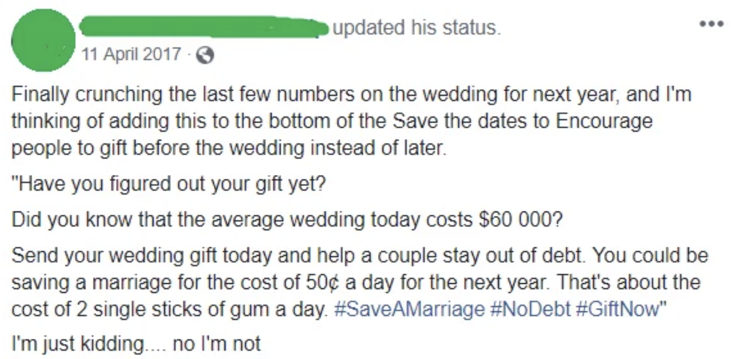 A person is sharing an idea on social media: add a gift reminder to wedding save-the-dates. They humorously mention the average wedding cost, debt, and daily cost reduction by gifting early