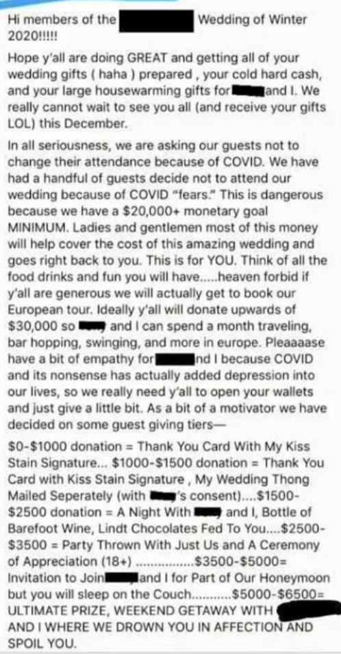 The image is a letter discussing changes to a wedding due to COVID-19, requesting guests to send a cash gift of at least $500 and providing gift suggestions in specific price ranges