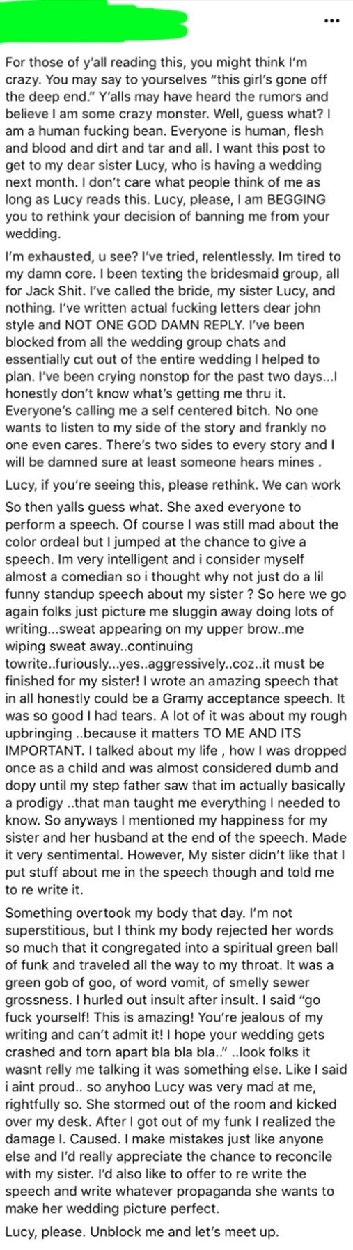 Image contains a lengthy text post where the author expresses frustration about a person named Lucy not responding and blocking them. The author professes deep emotions and efforts to connect