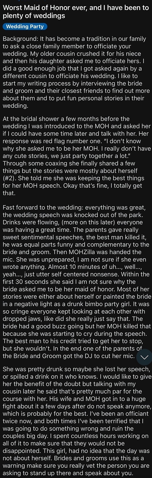 A Reddit post titled "Worst Maid of Honor Ever" about a woman who ruined a wedding by delivering an inappropriate speech, drinking excessively, and causing disruptions