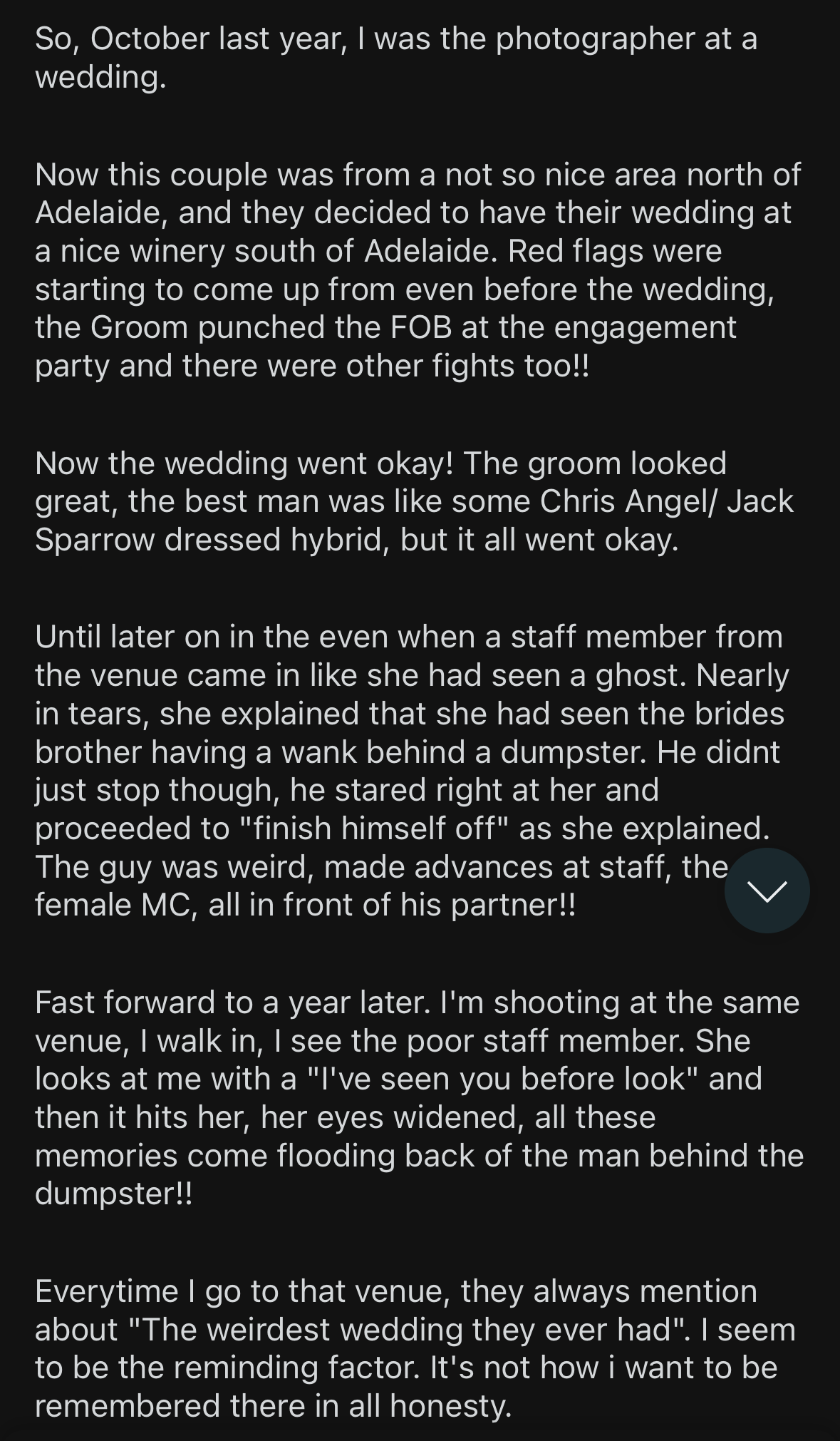A wedding photographer recounts a chaotic wedding experience in a text post, describing an incident where the bride discovered her missing family member was behind a dumpster after earlier venue chaos