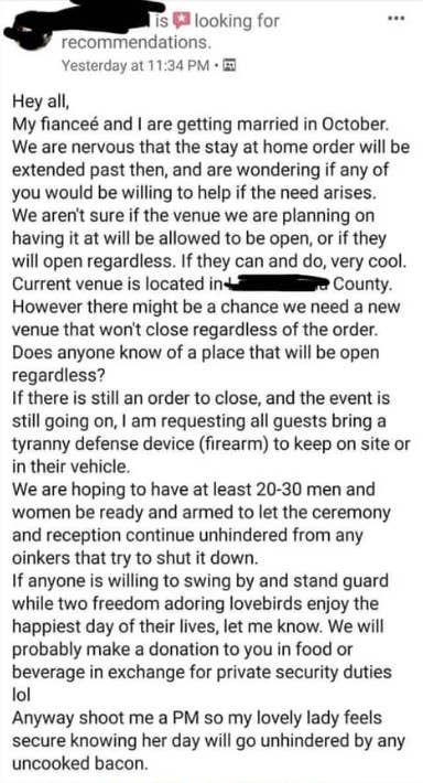 Person seeking venue recommendations for an October wedding, concerned about potential lockdowns. Open to changing location, needs large space and security measures