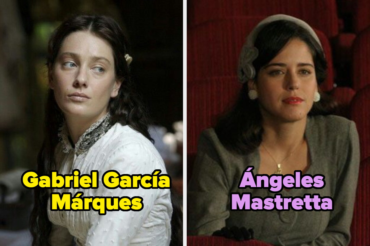 No sé quiénes son las personas en la imagen. A la izquierda, una mujer viste ropa de época. A la derecha, una mujer con abrigo gris y sombrero está en el cine