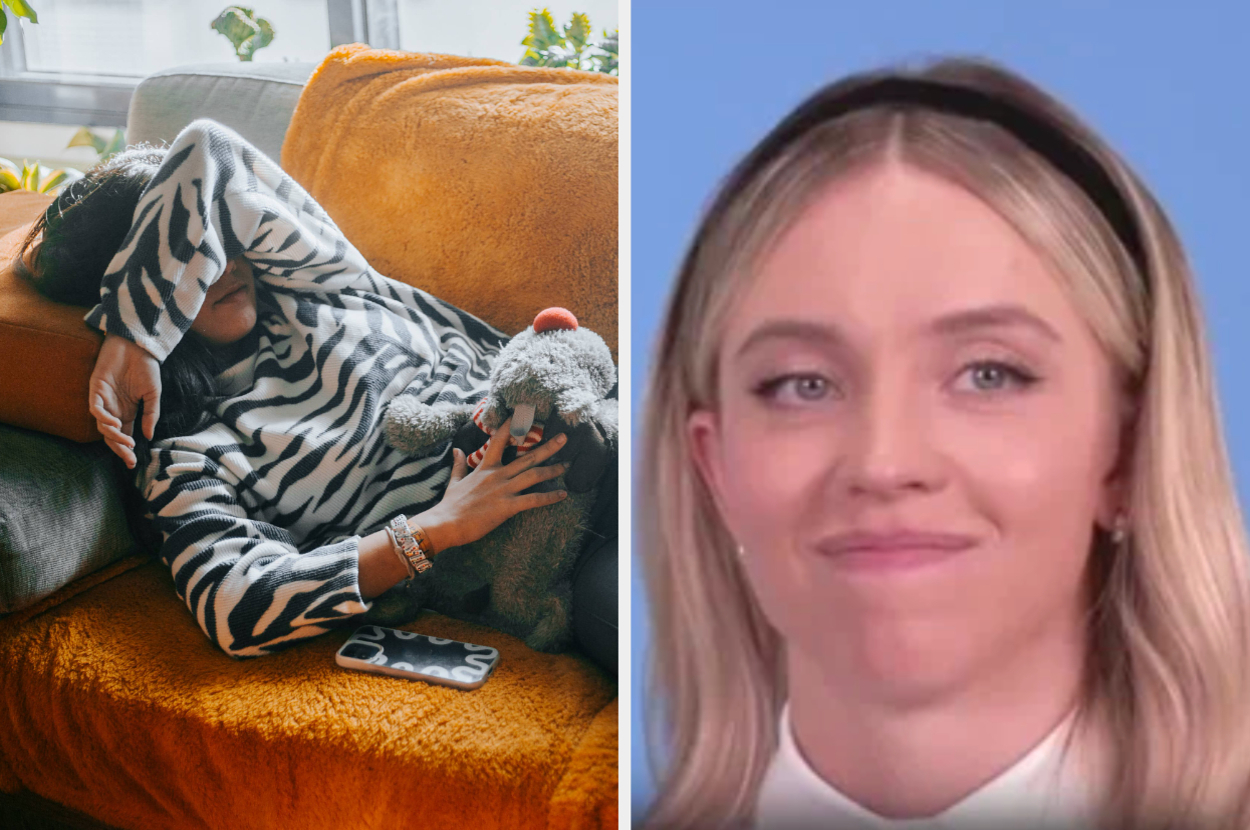 Person in a zebra-patterned sweater lies on a couch with a dog, next to a close-up of Sydney Sweeney smiling with a headband on