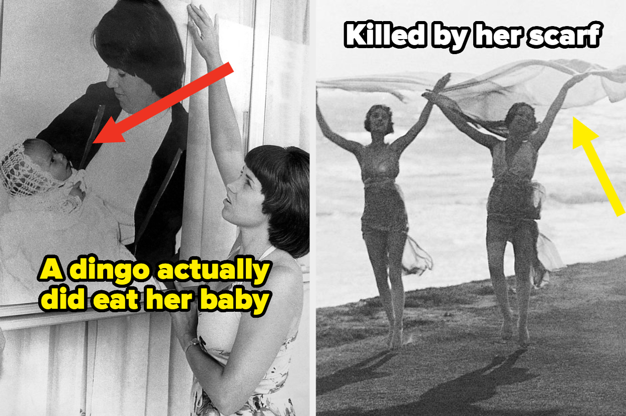 A woman examines a photo of a baby with accompanying text, "A dingo actually did eat her baby." Two women on the beach with the text, "Killed by her scarf."