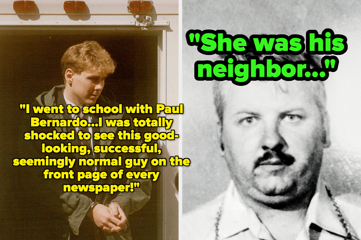 Split image: On the left, a person recalls attending school with Paul Bernardo, expressing shock at his appearance in the news. On the right, a photo of Paul Bernardo with text overlay saying, "She was his neighbor..."