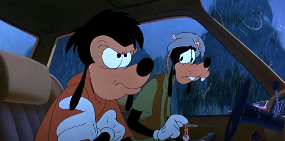 Goofy and Max from Disney's "A Goofy Movie" sit in a car, looking serious and focused, with rain visible through the window