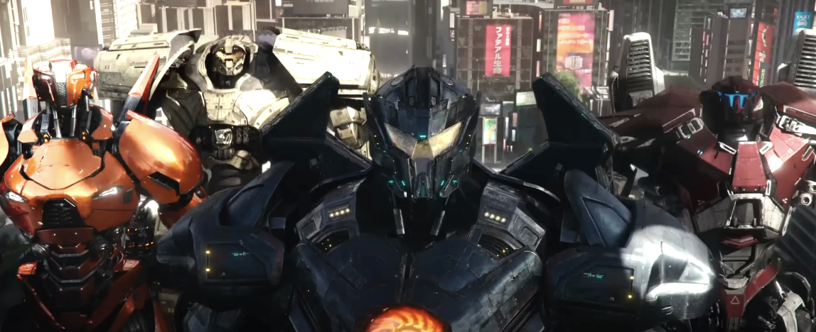 Multiple giant robots, including Gypsy Avenger, from the movie "Pacific Rim: Uprising," stand ready in an urban, futuristic setting