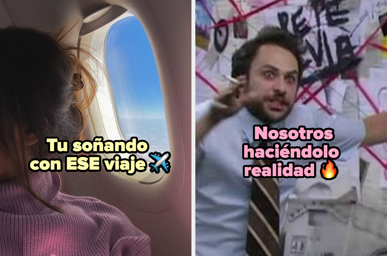 Mujer soñando en un avión con texto que dice "Tu soñando con ESE viaje" y hombre emocionado con texto que dice "Nosotros haciéndolo realidad"