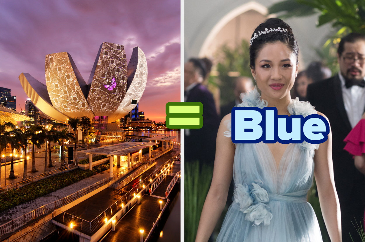 On the left is an image of ArtScience Museum in Singapore. On the right is a woman in an elegant dress at a formal event, with the word "Blue" overlaid on the image